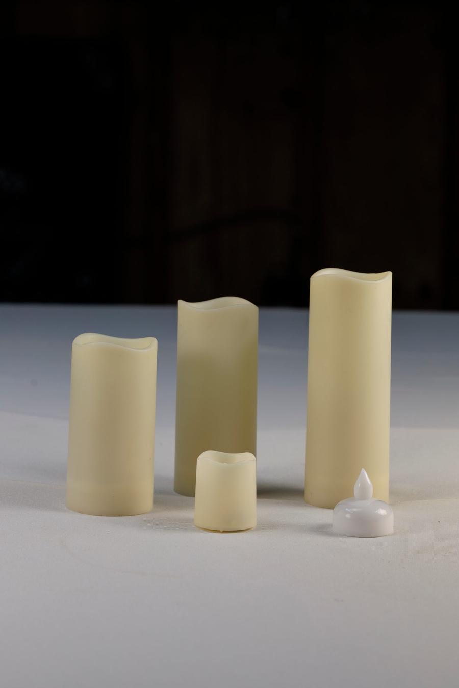 LED flameless pillar candles and tea lights in assorted heights.